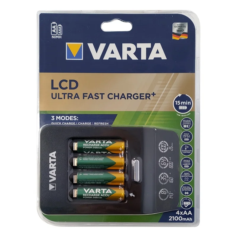 Varta LCD Ultraschnellladegerät für AA, AAA Ni-Mh Akkus mit 4 AA 2100mAh Akkus