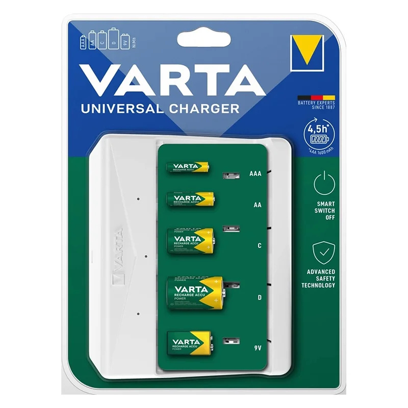 Caricabatterie universale Varta per batterie ricaricabili AAA, AA, C, D, 9V Ni-Mh